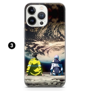 May include: Clear phone case featuring a colorful anime-style illustration. The design shows two figures seated, gazing at a planet with a dramatic sky. The case has a glossy finish and a number 3 in a black circle.