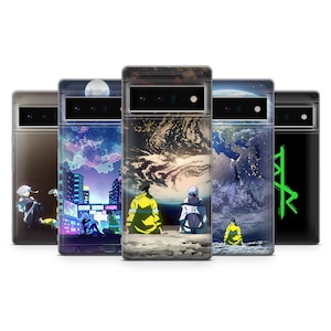 May include: A collection of five phone cases with unique anime-style artwork. The cases feature various designs, including cityscapes, space scenes, and abstract graphics. Each case has a black frame and a clear back.