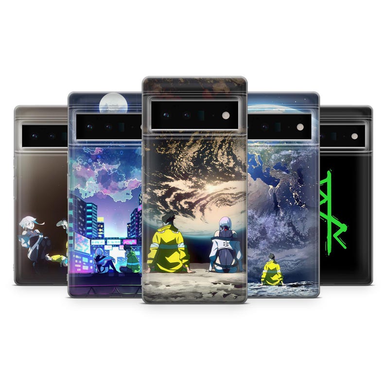 May include: A collection of five phone cases with unique anime-style artwork. The cases feature various designs, including cityscapes, space scenes, and abstract graphics. Each case has a black frame and a clear back.