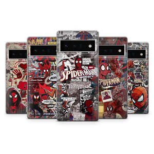 May include: A collection of five phone cases featuring a Spider-Man comic book design. The cases display various Spider-Man illustrations, comic book panels, and the Spider-Man logo in red, black, and white. The cases are designed to fit a specific phone model.
