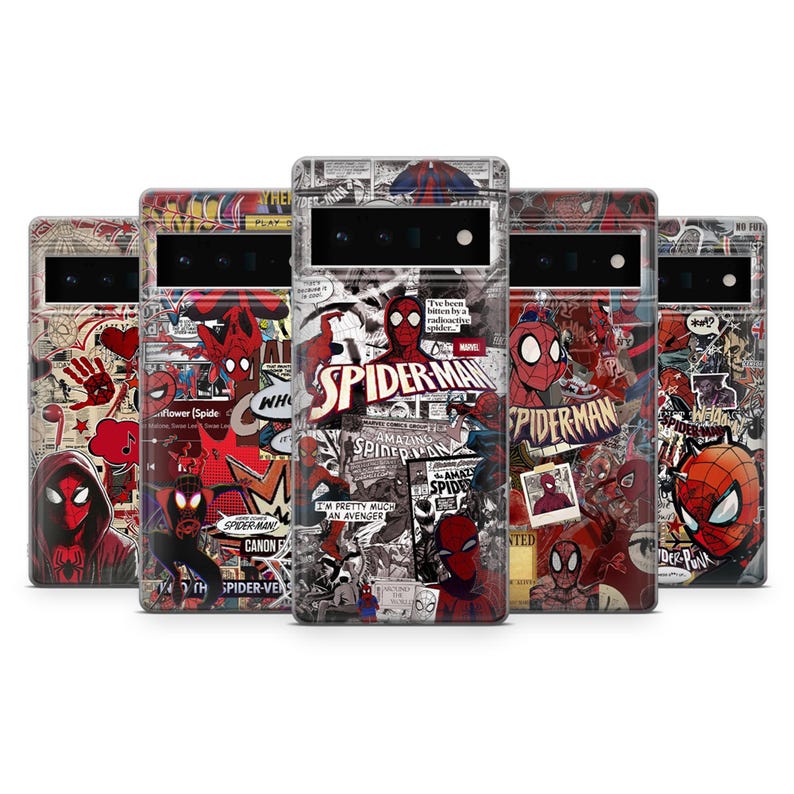 May include: A collection of five phone cases featuring a Spider-Man comic book design. The cases display various Spider-Man illustrations, comic book panels, and the Spider-Man logo in red, black, and white. The cases are designed to fit a specific phone model.