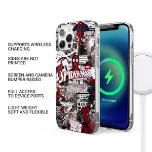 May include: A clear phone case featuring a Spider-Man comic book design. The case showcases various Spider-Man illustrations in red, black, and white. The phone screen displays a charging icon. The case supports wireless charging and has raised screen and camera bumpers.