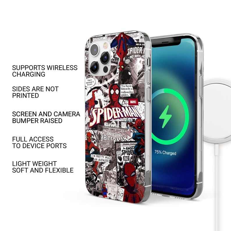 May include: A clear phone case featuring a Spider-Man comic book design. The case showcases various Spider-Man illustrations in red, black, and white. The phone screen displays a charging icon. The case supports wireless charging and has raised screen and camera bumpers.