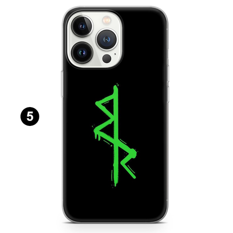 May include: Black phone case with a neon green symbol design. The case has a glossy finish and a protective bumper. The symbol is a stylized, dripping design. The number "5" is in the upper left corner.