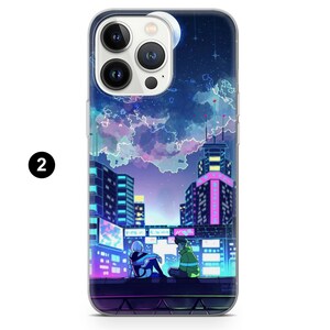 May include: Clear phone case featuring a colorful anime-style cityscape at night. The design includes a full moon, stars, and two figures sitting on a rooftop. Buildings are illuminated with neon lights in shades of blue, pink, and purple.