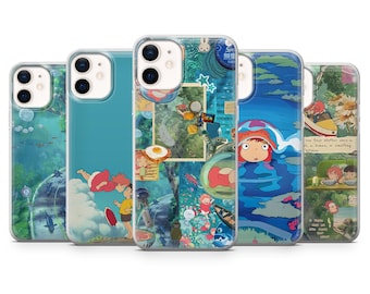 May include: Five clear smartphone cases featuring various colorful anime-style illustrations. The designs include scenes of a small red-haired character, underwater environments, food, and text, all displayed on a white background for clarity.