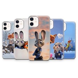 May include: Five clear phone cases showcasing characters from the animated film Zootropolis. The cases feature images of Judy Hopps, Nick Wilde, and other characters in different scenes, set against colourful backgrounds.