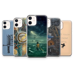 May include: A selection of phone cases with different designs. One case shows a sword and text, another a golden emblem, and a third depicts a person in water with lightning. The other two cases have text and a pegasus.
