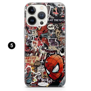 May include: A clear phone case with a collage of stickers featuring Spider-Man, punk rock imagery, and the text "EAT THE RICH". The case has a variety of colors, including red, black, and white, and is designed for a smartphone.
