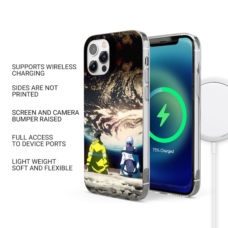 May include: Clear phone case with a colorful graphic of two anime characters looking at a planet. The phone screen shows a charging symbol. Text on the case reads: Supports Wireless Charging, Sides Are Not Printed, Screen and Camera Bumper Raised, Full Access to Device Ports, Light Weight Soft and Flexible.