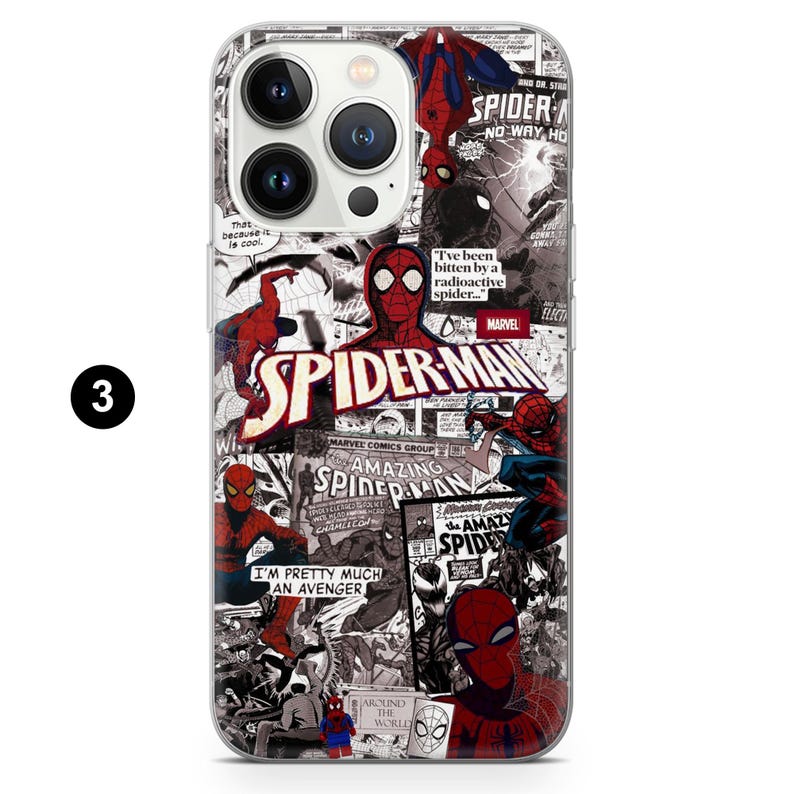 May include: A clear phone case featuring a collage of Spider-Man comic book panels in red, black, and white. The design includes the Spider-Man logo, comic book text, and various action poses of the superhero. The case is designed for a smartphone.
