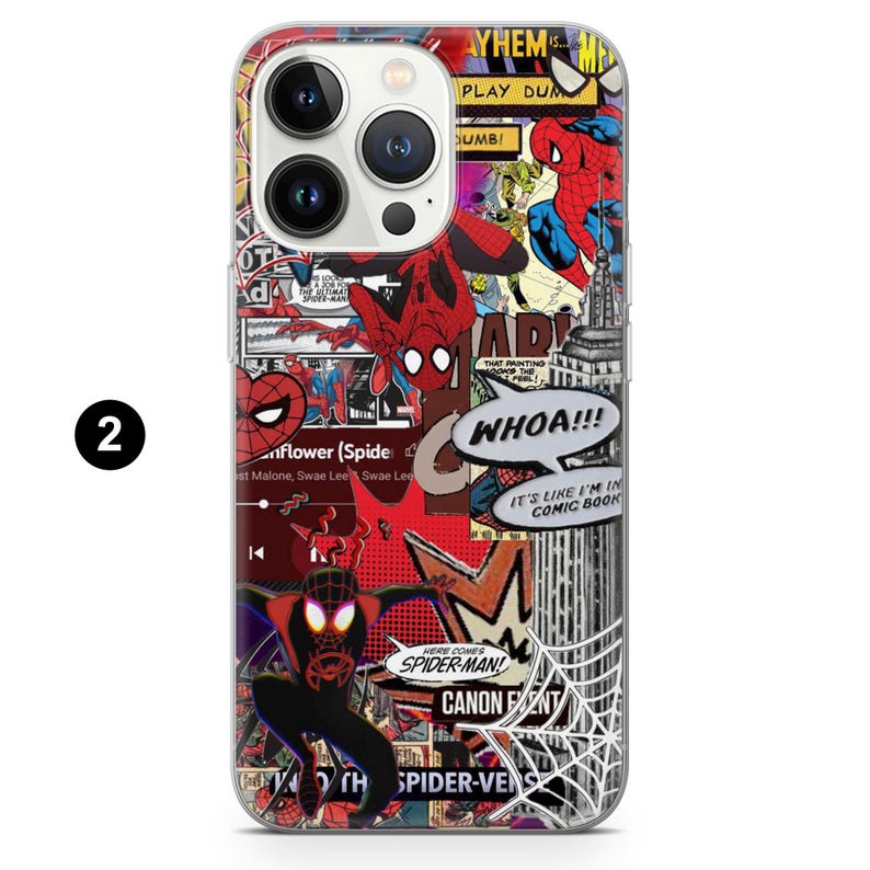 May include: A clear phone case featuring a collage of Spider-Man comic book art. The design includes various Spider-Man illustrations, speech bubbles, and comic book text on a red background. The case has a clear border.