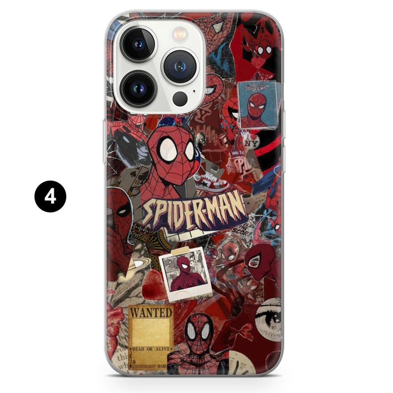 May include: A clear phone case featuring a collage of Spider-Man imagery. The design includes various Spider-Man illustrations, the word "SPIDERMAN", and a "WANTED" poster. The case has a glossy finish and is designed for a smartphone.