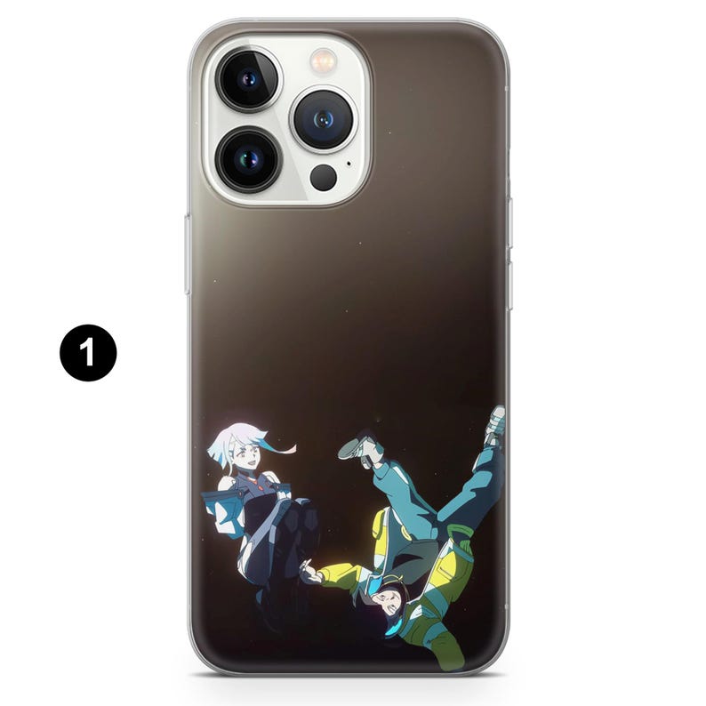 May include: Clear phone case featuring a colorful anime-style illustration. The design depicts three figures in dynamic poses against a dark background. The case is designed to fit a smartphone.