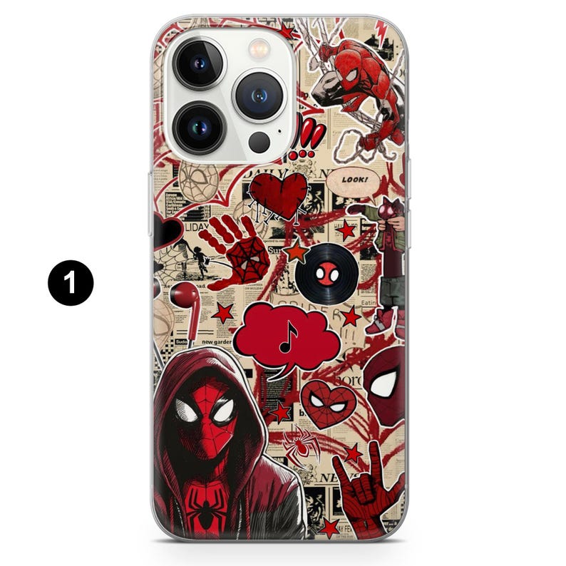 May include: A phone case featuring a collage of Spider-Man graphics and comic book elements. The design includes red and black Spider-Man illustrations, hearts, musical notes, and the word "LOOK!" on a beige background.