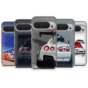May include: A collection of phone cases featuring stylized illustrations of sports cars. The cases showcase the rear view of the cars, with details like tail lights, spoilers, and exhaust pipes. The color palette includes white, gray, and red, with a Japanese-inspired design on one case.