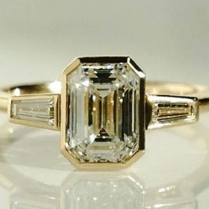 2 CT Emerald Cut Colorless Moissanite Engagement Ring, Emerald Cut Three Stone Ring, Side Tapered Baguette Cut, Proposal Anniversary Gift