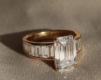 Emerald Cut Moissanite Engagement Ring, Trapped Baguette, Anniversary Gift