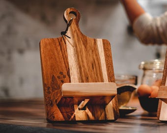 Acacia Wood Cookbook Stand, Scandinavian Recipe Book Holder, Cozy Kitchen Gift