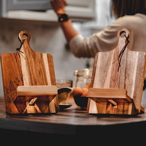 Wood Cookbook Stand for Kitchen Counter - Reversible Wooden Recipe Book Holder Stand with Cooking Measurement Conversion Card - Gift-Ready