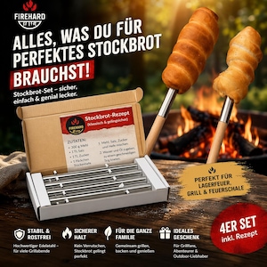 Op de afbeelding: Een Firehard Stockbrot-set, perfect voor kampvuren, grills en vuurkorven. De set bevat roestvrijstalen spiesen en een recept voor het maken van brood. De afbeelding toont twee gebakken stukken brood op spiesen. De set is een 4-delige set.