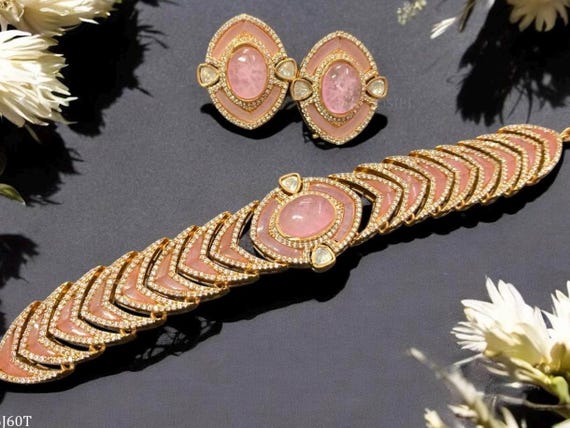 Pink Moissanite Choker Necklace with Semi-Precious Doublet Stones | Handmade Indian Bridal Jewelry | Ethnic Wedding Choker