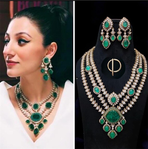 Premium Moissanite Silver Foil emerald Polki Sabyasachi Inspired Necklace Set /Uncut Kundan 24k gold plated/ Reception bridal jewelry Set