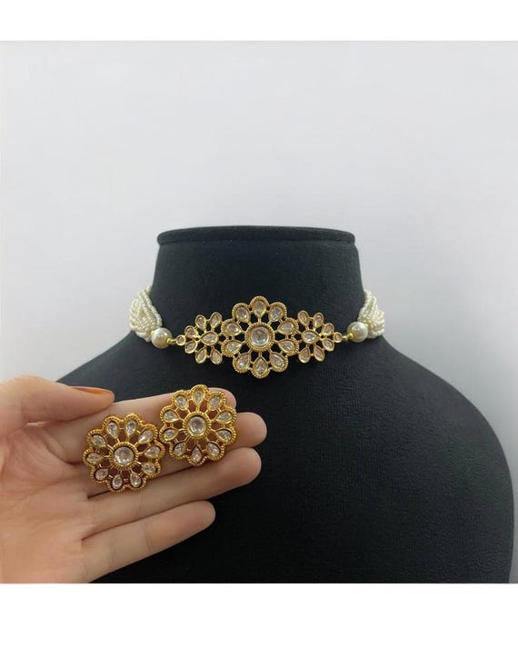 Indian Bollywood Traditional Sabyasachi Inspired Gold Plated 999 pure silver foil polki choker necklace set jewellery set earrings