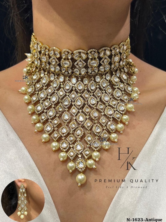 Moissanite Polki Choker Necklace Set: Sabyasachi Inspired Bridal Jewelry, Gold-Plated