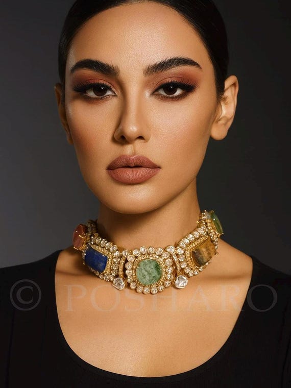 Moissanite Choker Necklace with Earrings | Kundan Polki Inspired Jewelry | Statement Indian Bridal Jewelry | Posharo