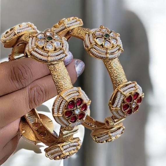 Royal Rajwada Openable Moissanite Polki Kundan Bangles | Traditional Bridal Kada | Antique Gold Finish with Pearl & Stone Detailing Size 2.6