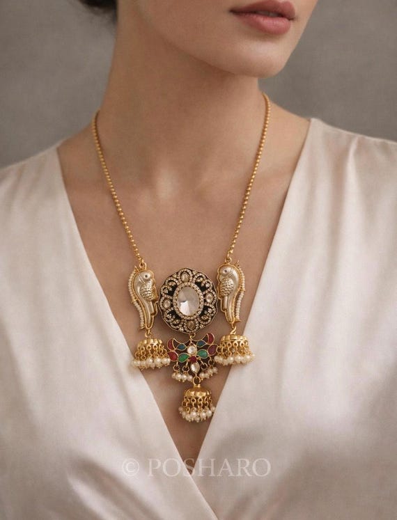 Polki Pendant Necklace Set: Sabyasachi-Inspired Gold & Silver Fusion Jewelry