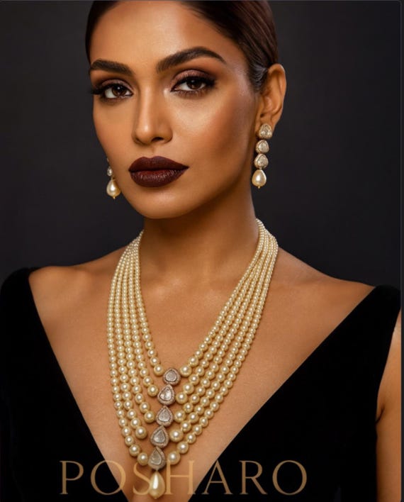 18K Gold Plated Moissanite Polki Kundan Pearls Necklace Set: Indian Bridal Jewelry