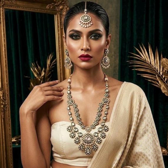 Green uncut Kundan Necklace Set | Moissanite Kundan Bridal Jewelry | Indian Wedding Necklace with Matching Earrings & Pendant | Gold Finish