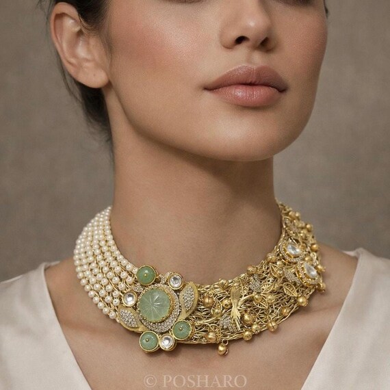 Emerald Pearl Kundan Choker Necklace Set – Sabyasachi Inspired Bridal Statement Jewelry