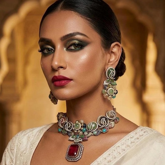 Multicolor Kundan Inspired Statement Necklace Set | Green Ruby & Turquoise Stones | Indian Bridal Jewelry | Festive Ethnic Jewelry
