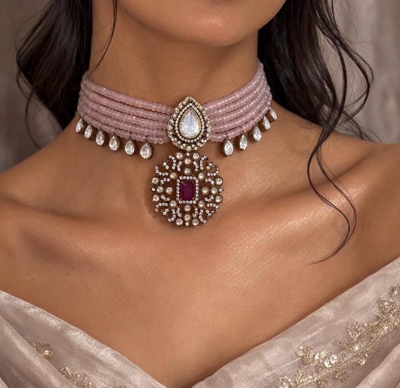 Blush Pink Beaded Kundan Choker Set | Bridal Jewelry | Rose Quartz Look | Polki Pendant | Wedding & Festive Jewelry | POSHARO