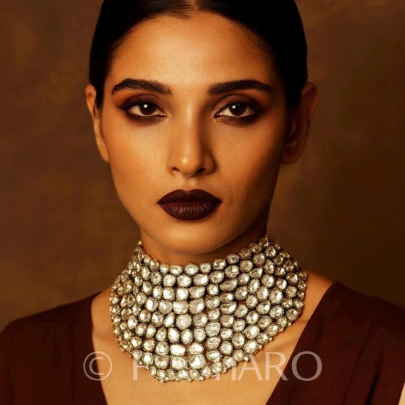 Diamond Sabyasachi Inspired bridal Choker with Studs/Uncut Kundan victorian  necklace/Indian Reception jewelry/Modern Polki Diamond Choker