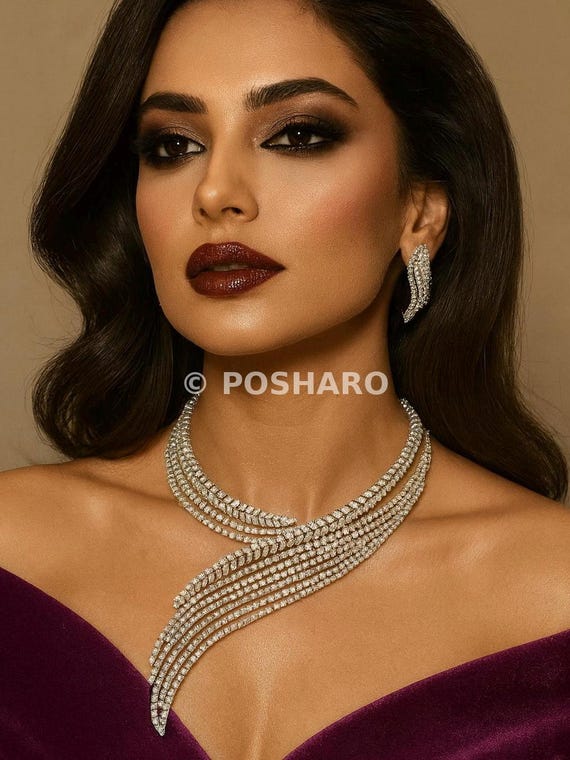 CZ Silver Hasli Necklace Set: Indian Bridal Jewelry