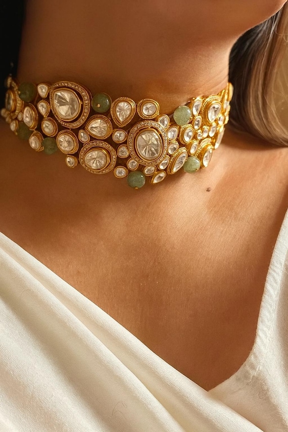 Bollywood Moissanite natural Emerald silver foil Polki Sabyasachi Inspired Necklace Set/Uncut Kundan gold plated/Reception Bridal Choker Set