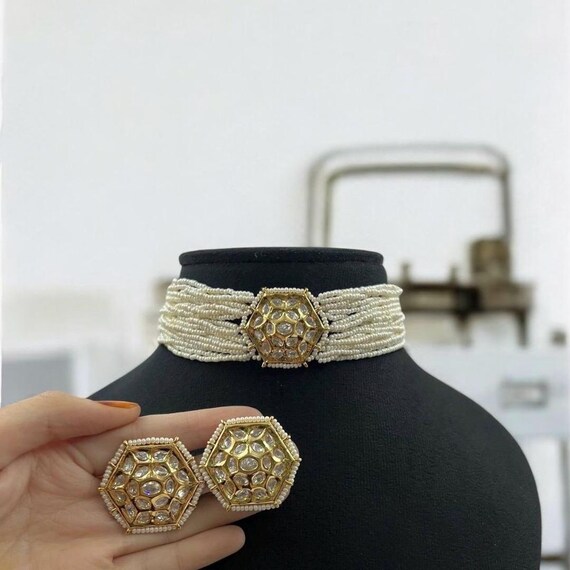 Indian Bollywood Traditional Sabyasachi Inspired Gold Plated 999 pure silver foil polki choker necklace set jewellery set earrings