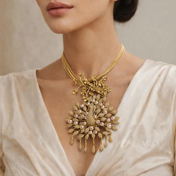 Handcrafted Peacock Statement Necklace Set, Gold Tone Fusion Stones, Bridal Jewelry
