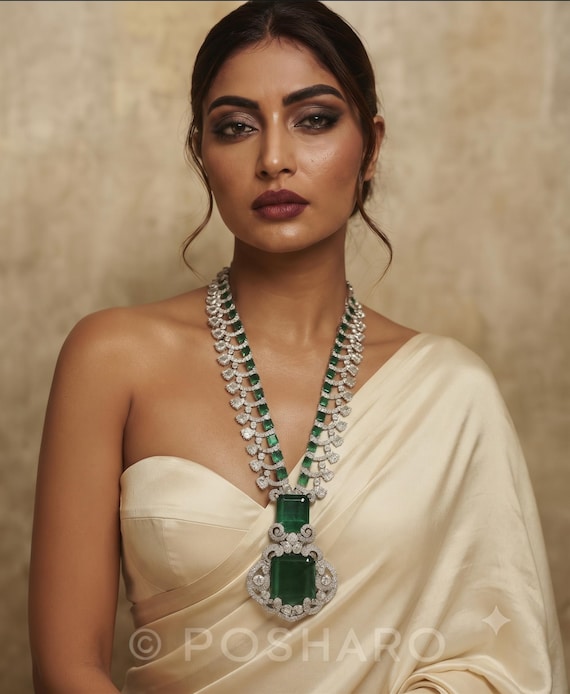 Premium Emerald Green CZ Royal Statement Necklace Set | Statement Necklace | Bollywood-Inspired Bridal Jewelry | Luxury Diamond Necklace