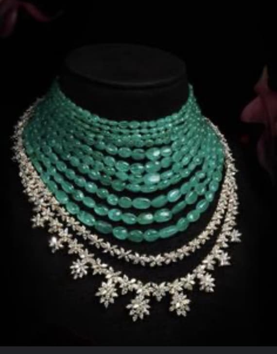 Luxury Semi-Precious Emerald Beaded Choker Set | CZ Diamond Layered Necklace with Earrings | Bridal & Evening Jewelry | POSHARO