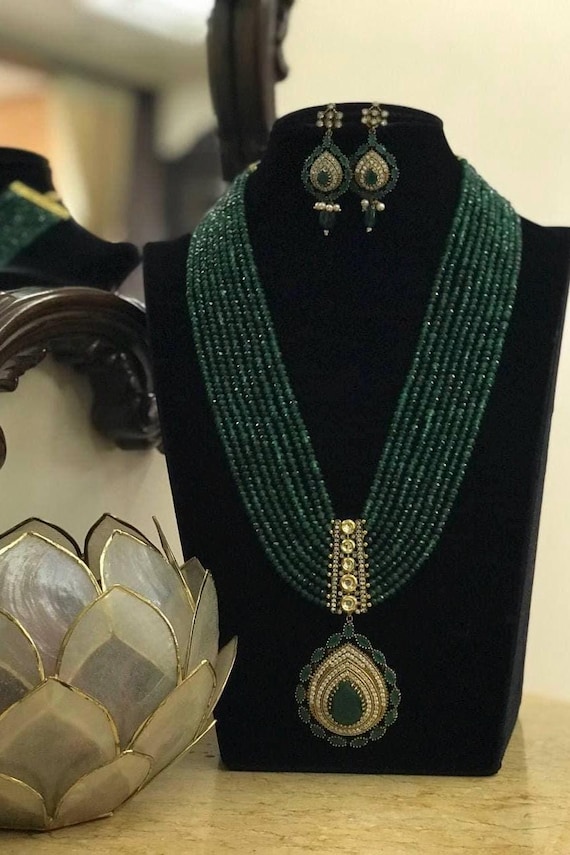 Sabyasachi Inspired green emerald long Gold Plated necklace set, handcrafted 999 silver foil base moissanite polki rani haar jewellery set