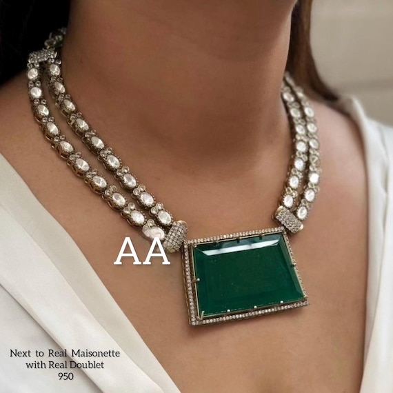 Moissanite Kundan Necklace: Emerald Green Stone, Victorian Bridal Jewelry
