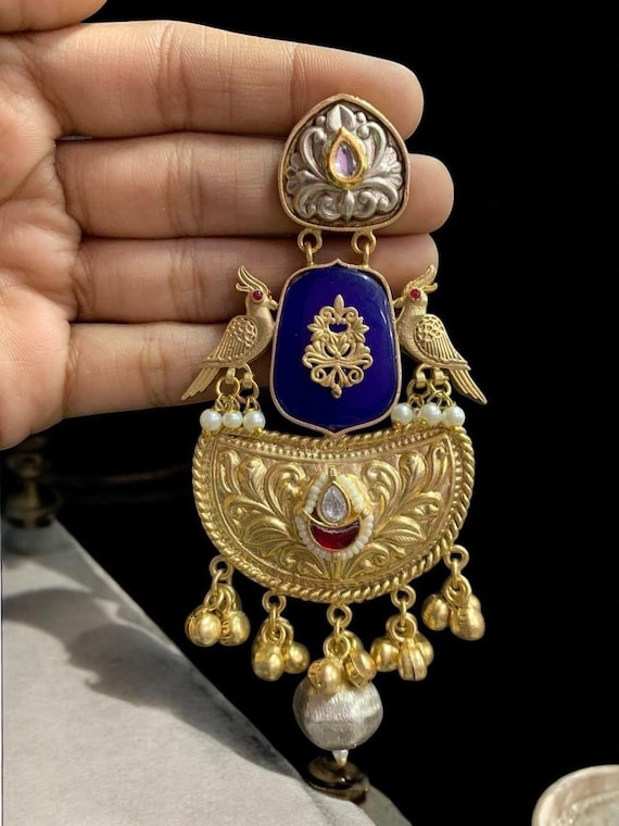 Traditional Polki blue Earrings | Gold Plated Bollywood Cocktail Earrings | Antique Indian Fusion Jewelry | Statement and Lightweight