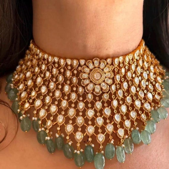 Sabyasachi inspired Luxury Moissanite Polki Kundan Choker Set – Handcrafted Bridal Statement Jewelry | 22kt Gold Plated | Mint Green Drops