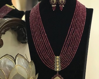 Sabyasachi Inspired Red Ruby long Gold Plated necklace set, handcrafted with  999 silver foil base polki rani haar jewellery set