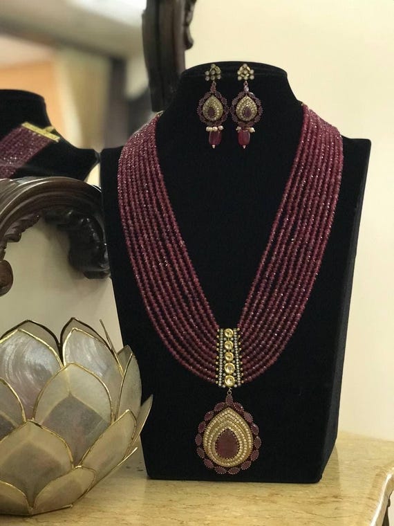 Sabyasachi Inspired Red Ruby long Gold Plated necklace set, handcrafted with  999 silver foil base polki rani haar jewellery set